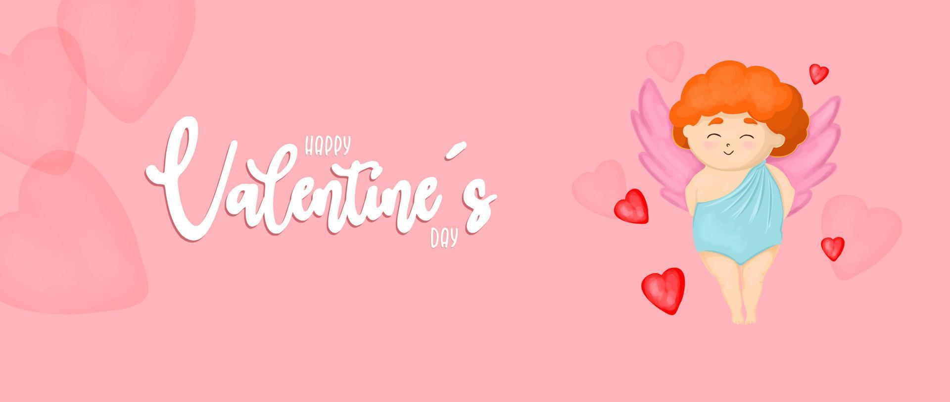 horizontal banner for valentine's day. Cute angel character cupid. Happy valentines day. Pink background. vector