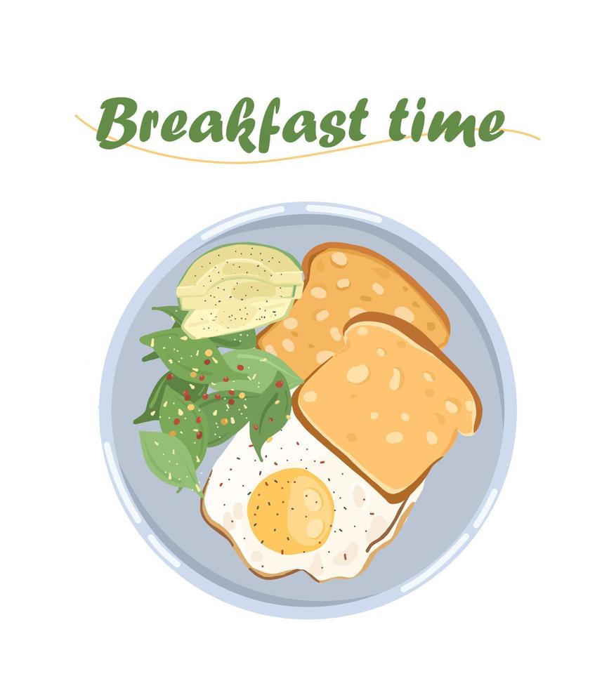 Breakfast illustration. Fried egg with avocado and green salad. Dish illustration for menu design, instagram, advertising, poster vector