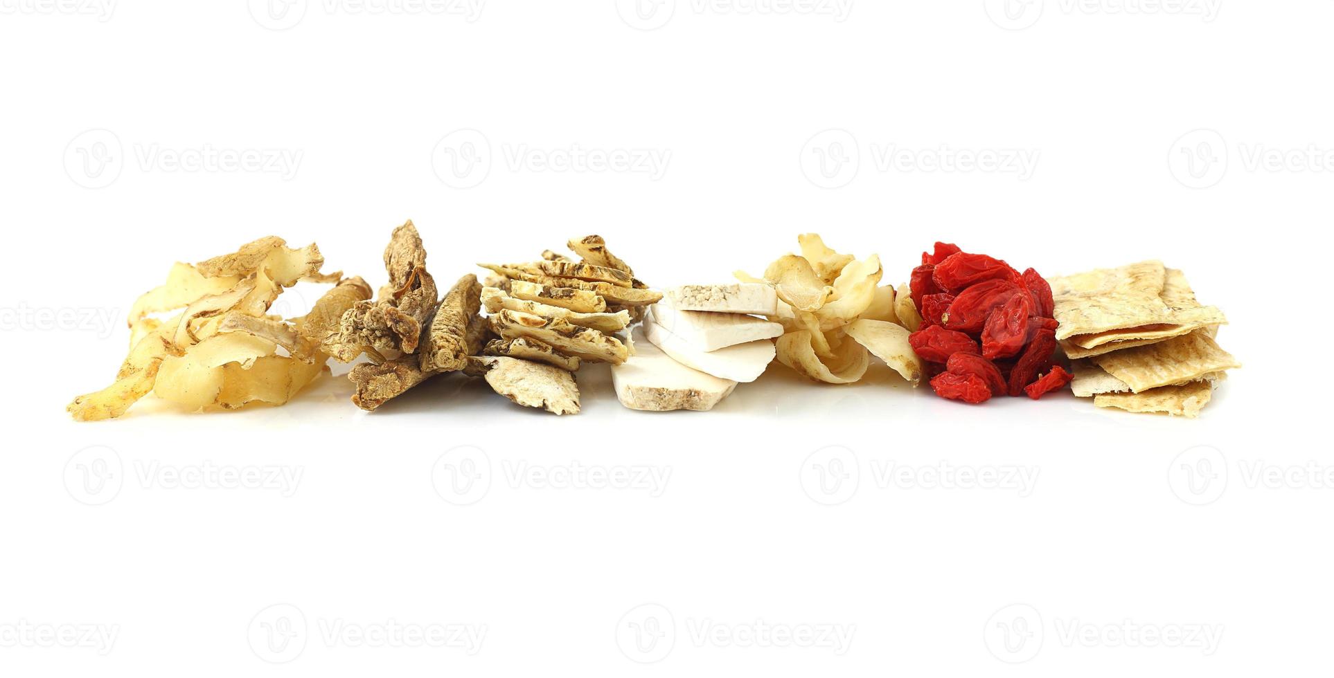 Group of chinese medicine herbals on white background photo