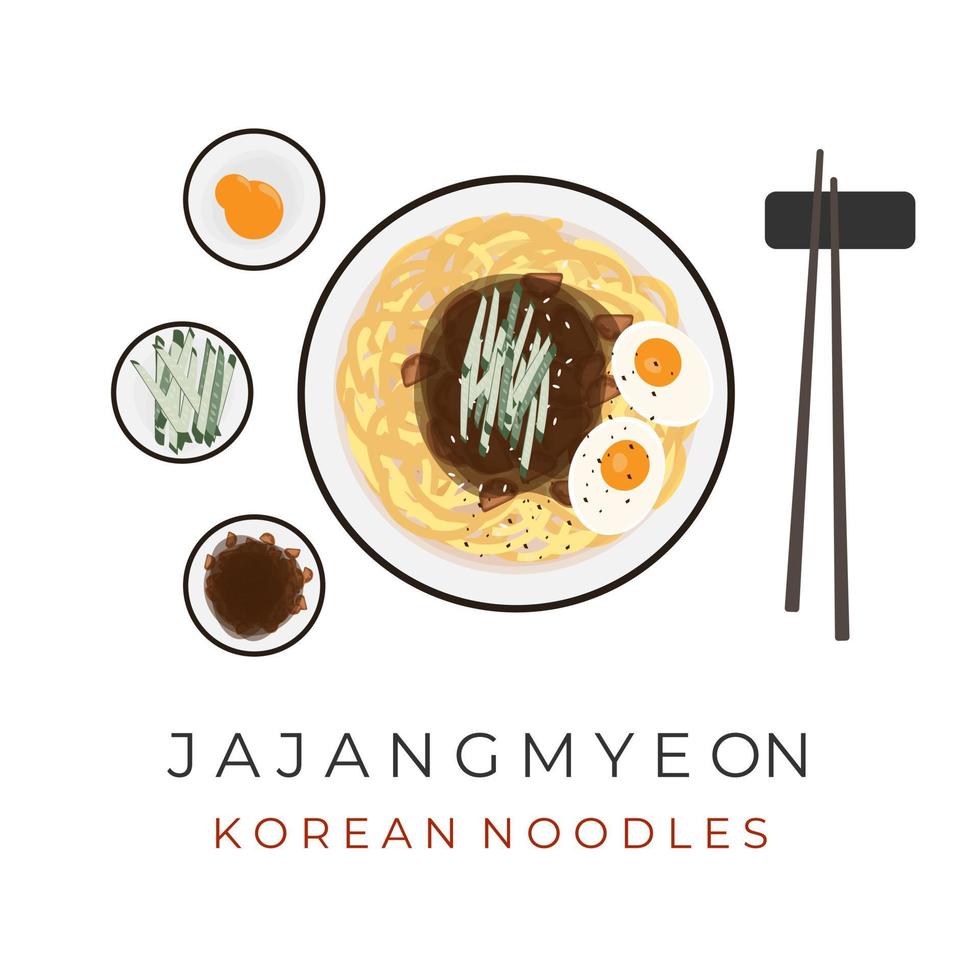 ilustración de fideos coreanos de frijol negro jajangmyeon con ingredientes adicionales vector