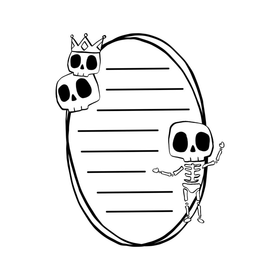 Notepaper black line and Skeleton Skull on two oval. Vector illustration about Halloween for decorate, greeting cards, stationery and any design.