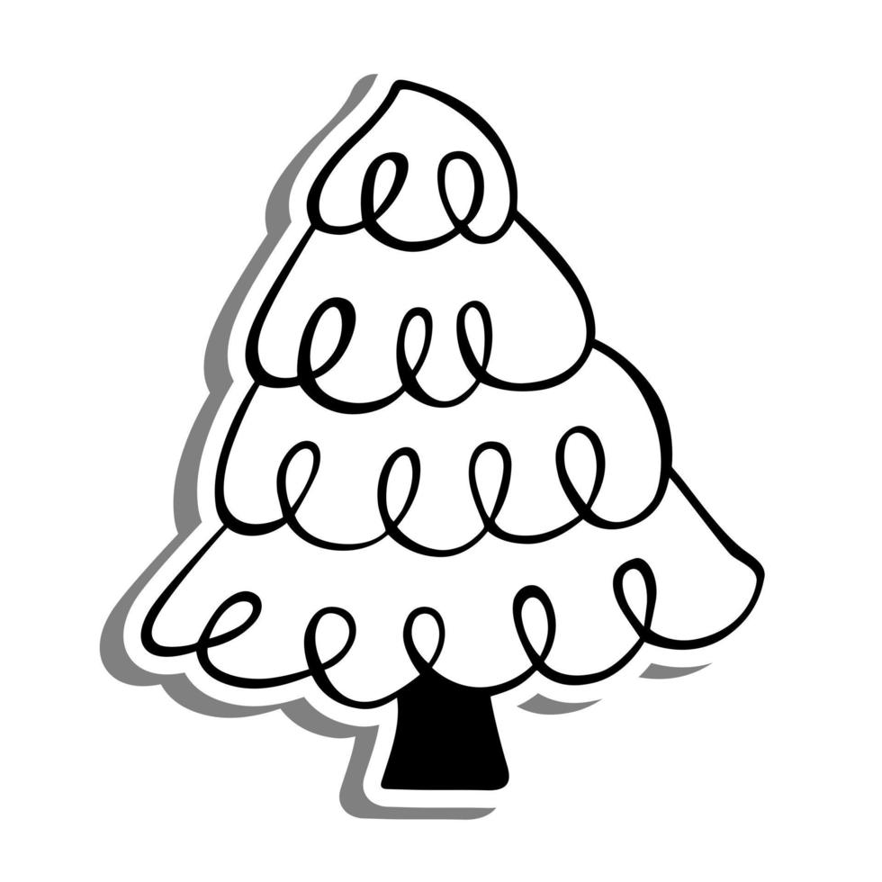 Monochrome Christmas Tree on white silhouette and gray shadow. Vector illustration for decoration or any design.