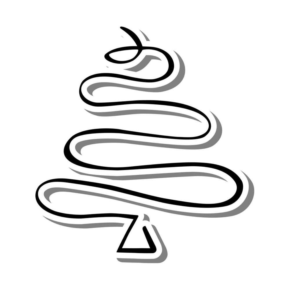 One Line Art Christmas Tree on white silhouette and gray shadow. Vector illustration for decoration or any design.