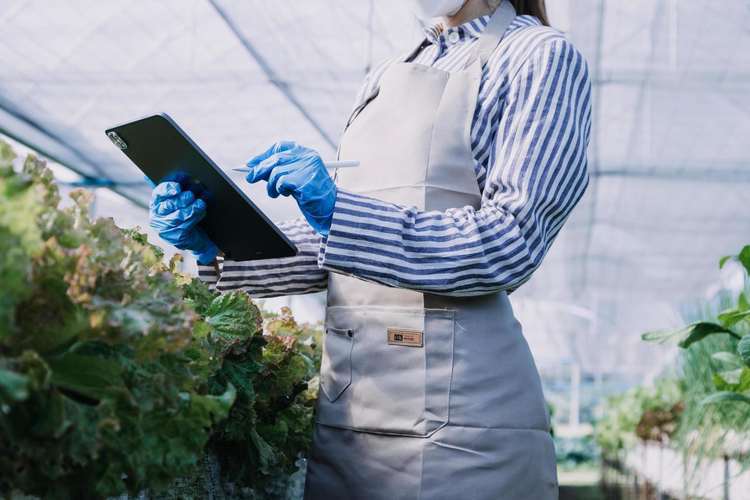 Futuristic businessman farms vegetables and crops using modern AI technology using mobile phones, temperature and humidity sensors, water tracking, climate control, holographic data data icons. photo