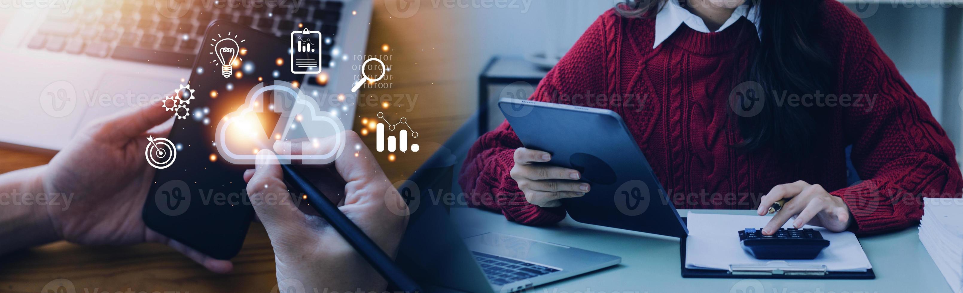 man use Laptop with cloud computing diagram show on hand. Cloud technology. Data storage. Networking and internet service concept. photo
