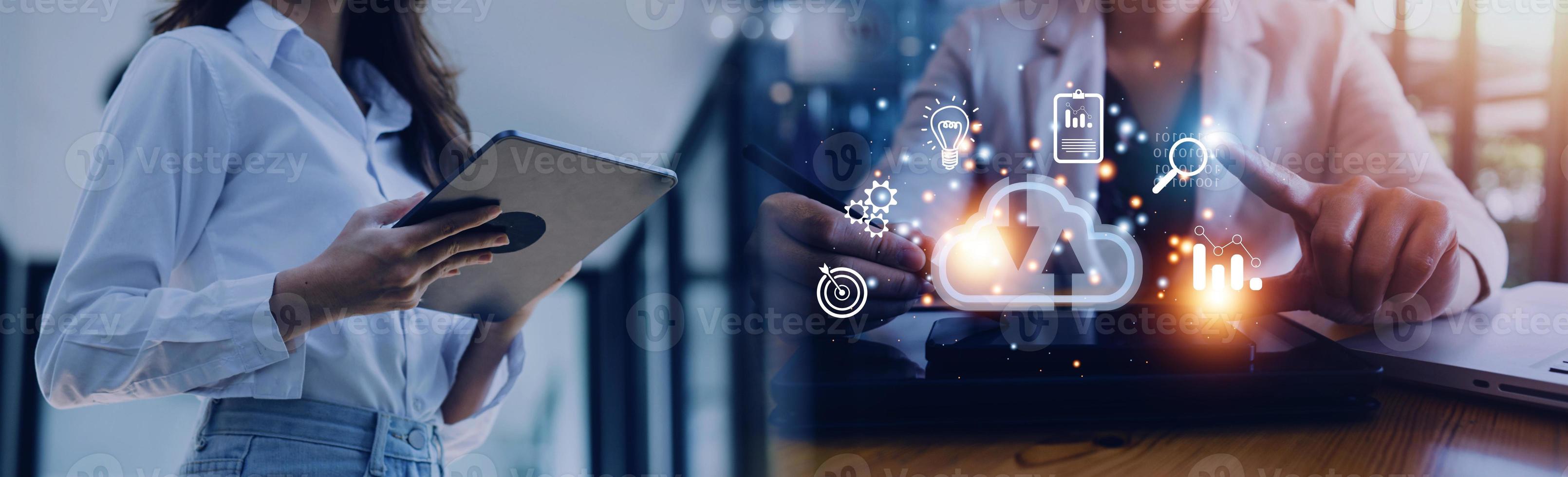 man use Laptop with cloud computing diagram show on hand. Cloud technology. Data storage. Networking and internet service concept. photo