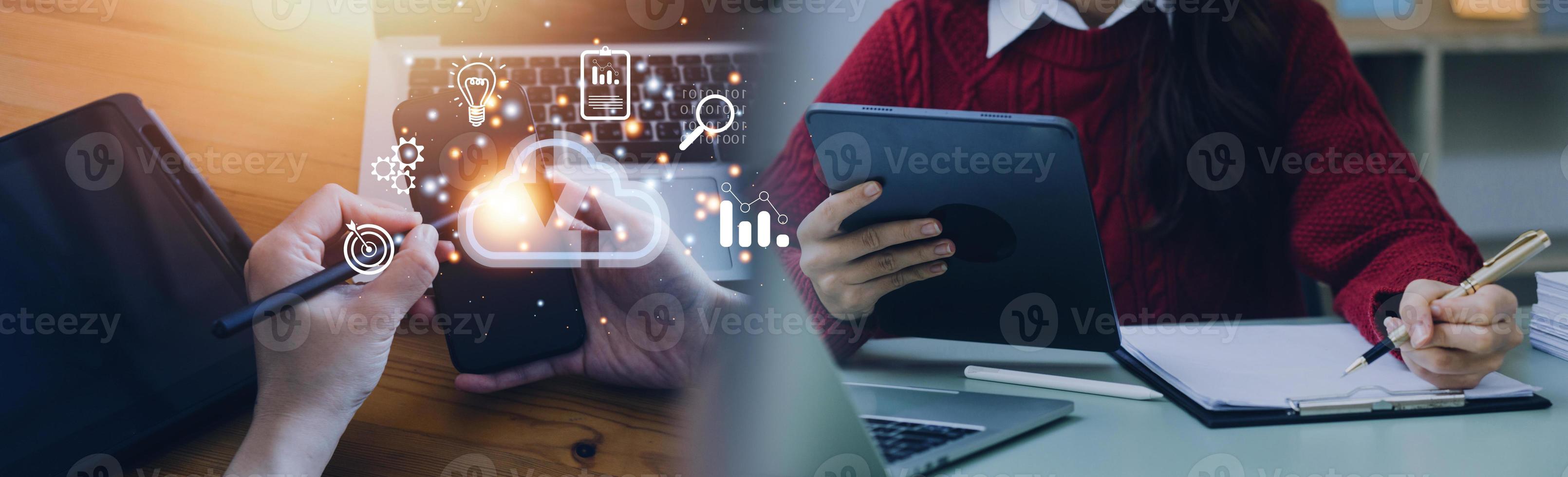 man use Laptop with cloud computing diagram show on hand. Cloud technology. Data storage. Networking and internet service concept. photo