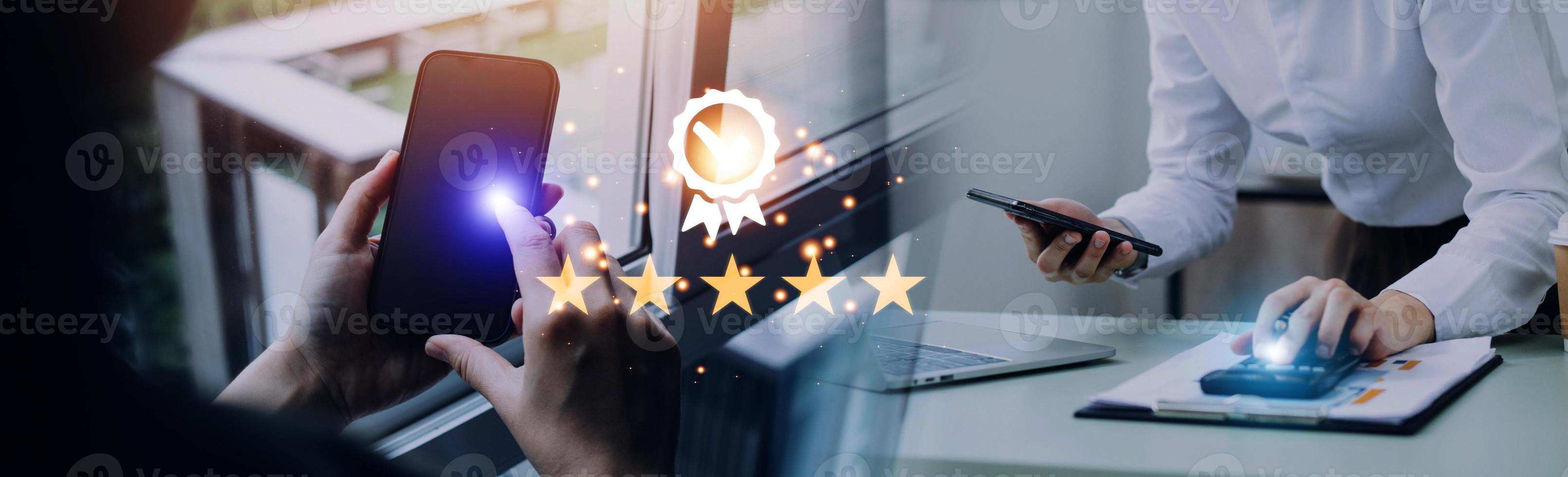 Hand shows the sign of the top service Quality assurance 5 star, Guarantee, Standards, ISO certification and standardization concept. photo