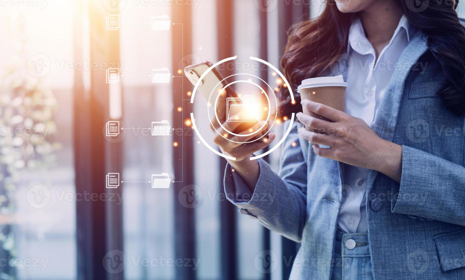 Document Management System , online documentation database and process automation to efficiently manage files, knowledge and documentation in enterprise with ERP. Corporate business technology. photo
