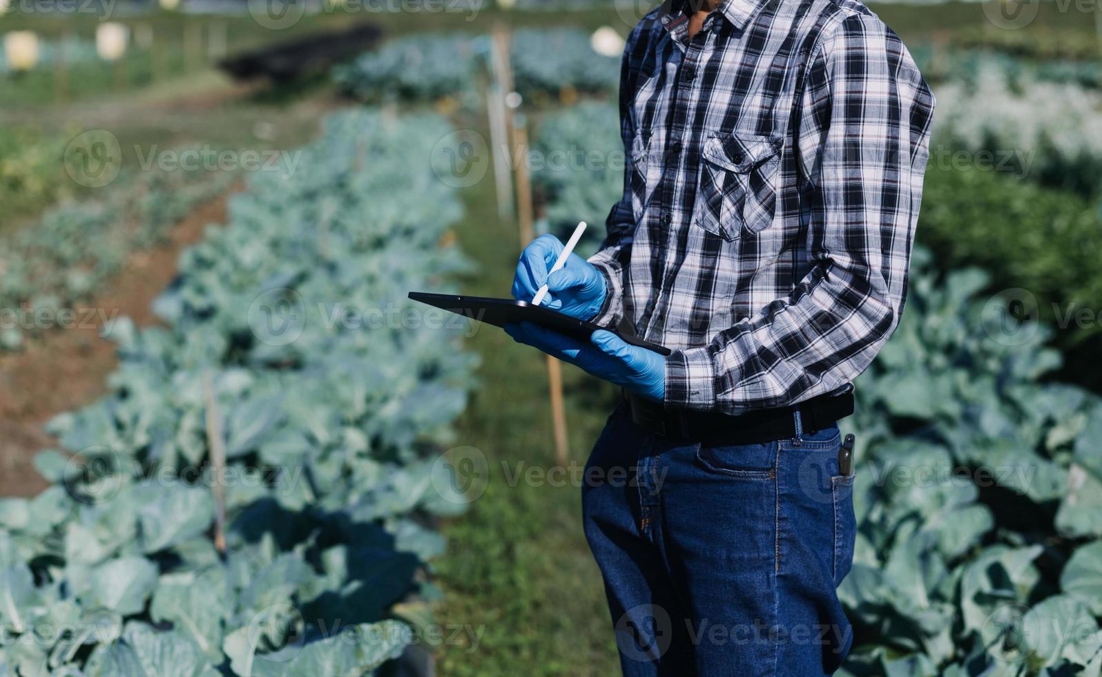 Futuristic businessman farms vegetables and crops using modern AI technology using mobile phones, temperature and humidity sensors, water tracking, climate control, holographic data data icons. photo
