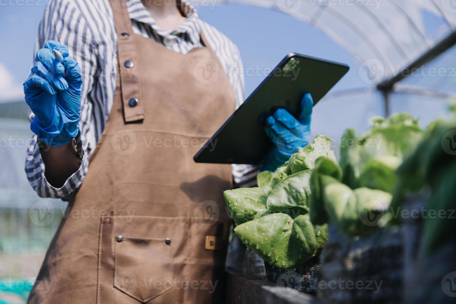 Futuristic businessman farms vegetables and crops using modern AI technology using mobile phones, temperature and humidity sensors, water tracking, climate control, holographic data data icons. photo