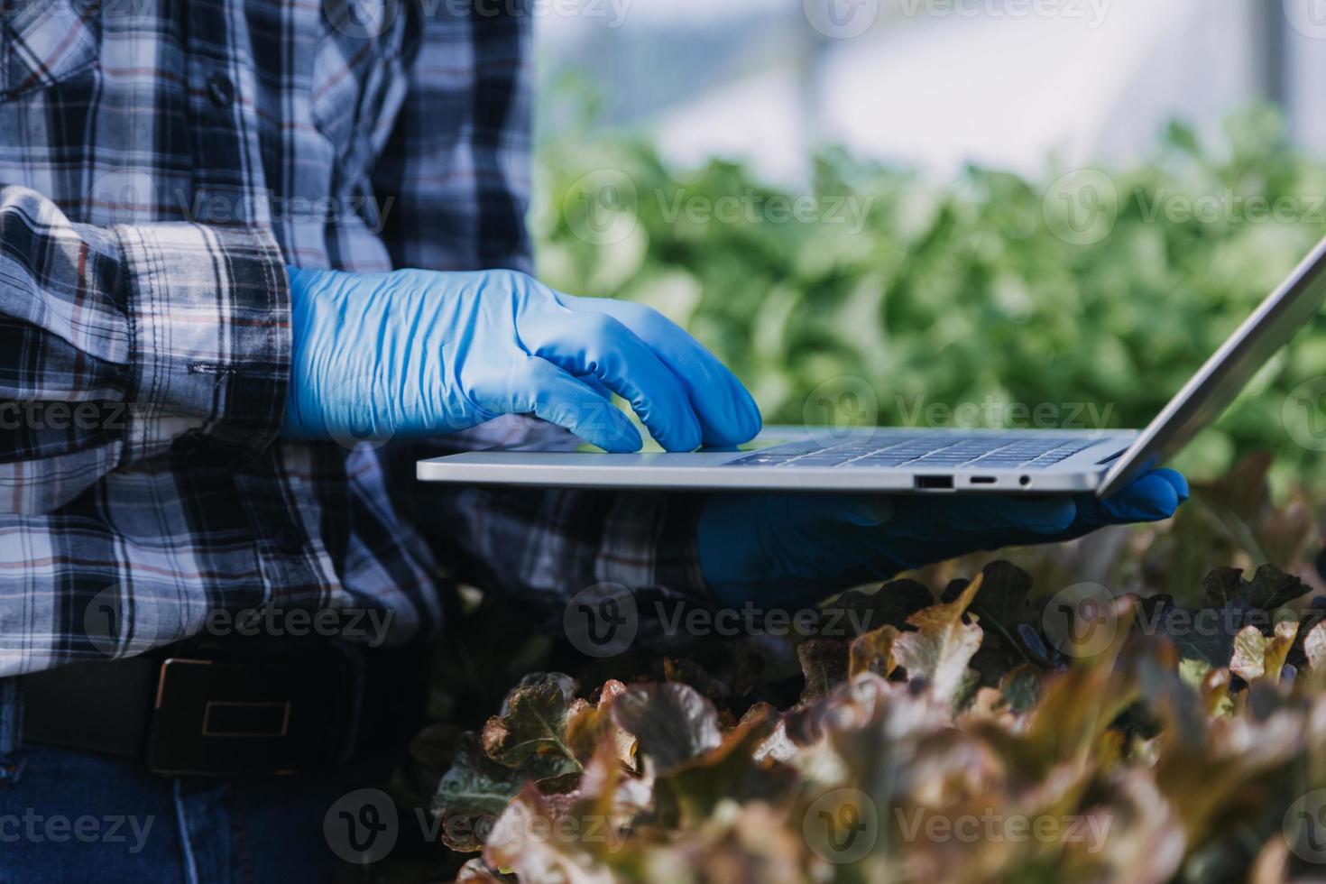 Futuristic businessman farms vegetables and crops using modern AI technology using mobile phones, temperature and humidity sensors, water tracking, climate control, holographic data data icons. photo