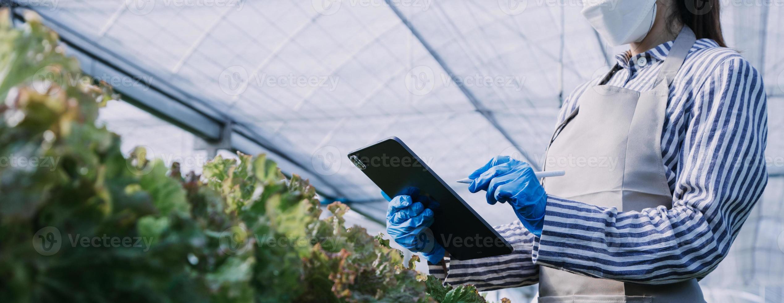 Futuristic businessman farms vegetables and crops using modern AI technology using mobile phones, temperature and humidity sensors, water tracking, climate control, holographic data data icons. photo