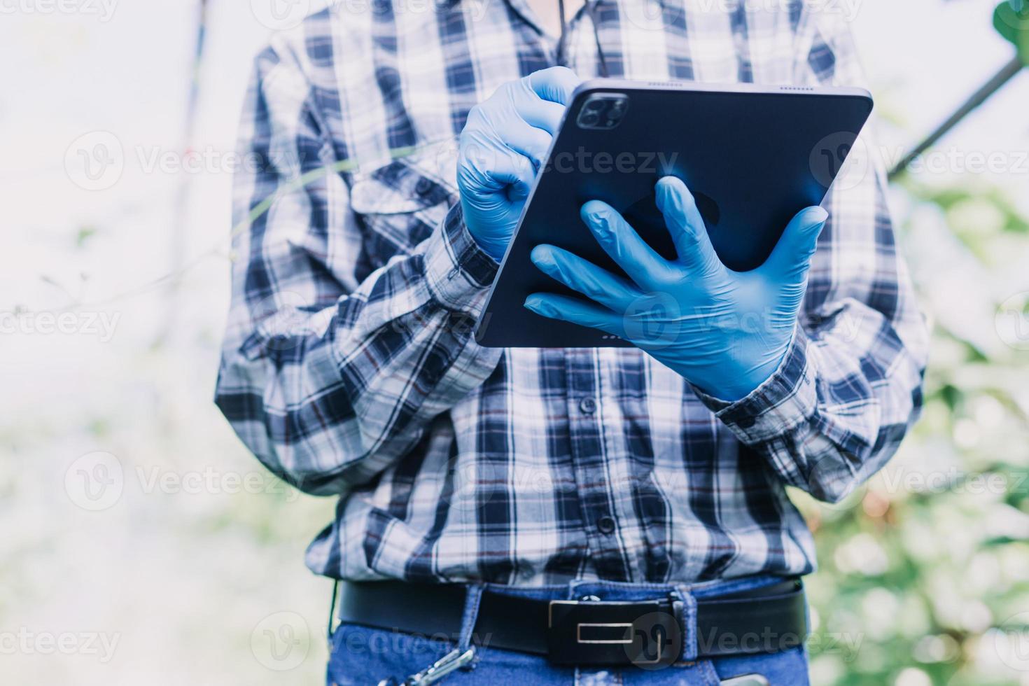 Futuristic businessman farms vegetables and crops using modern AI technology using mobile phones, temperature and humidity sensors, water tracking, climate control, holographic data data icons. photo