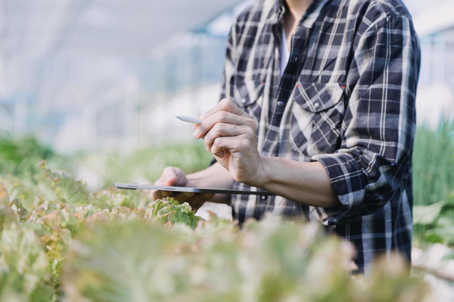 Futuristic businessman farms vegetables and crops using modern AI technology using mobile phones, temperature and humidity sensors, water tracking, climate control, holographic data data icons. photo