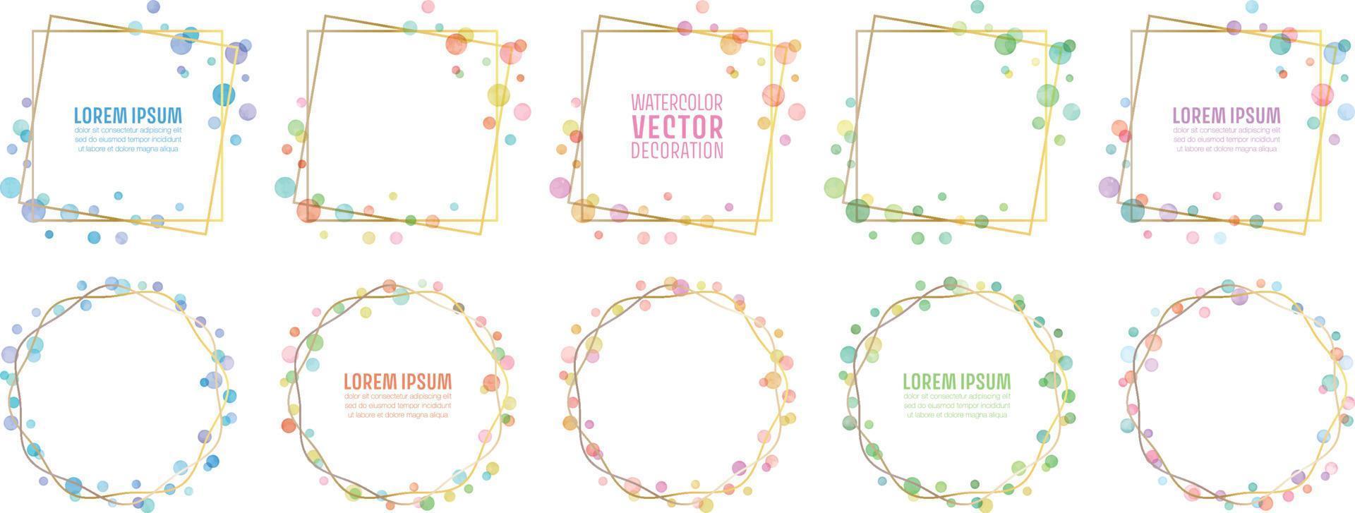 Vector gold line frames with colorful watercolor dots