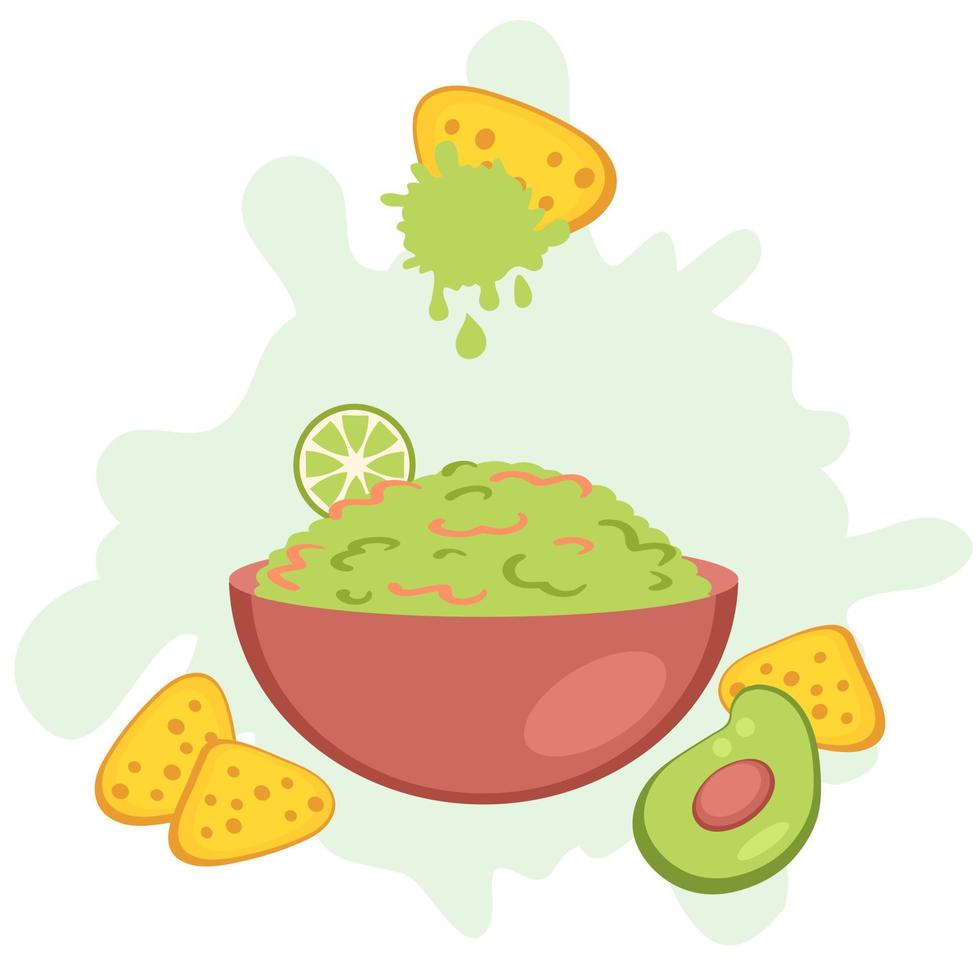 Guacamole sauce for nachos tortilla chips in the bowl in flat style. vector