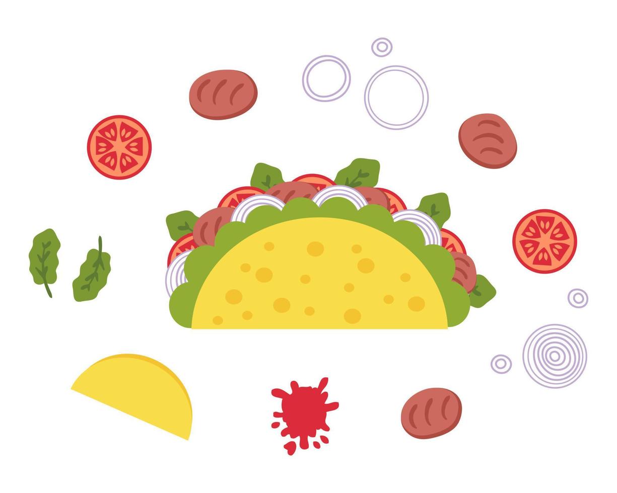 Carne asada mexican fastfood taco recipe ingredients. vector