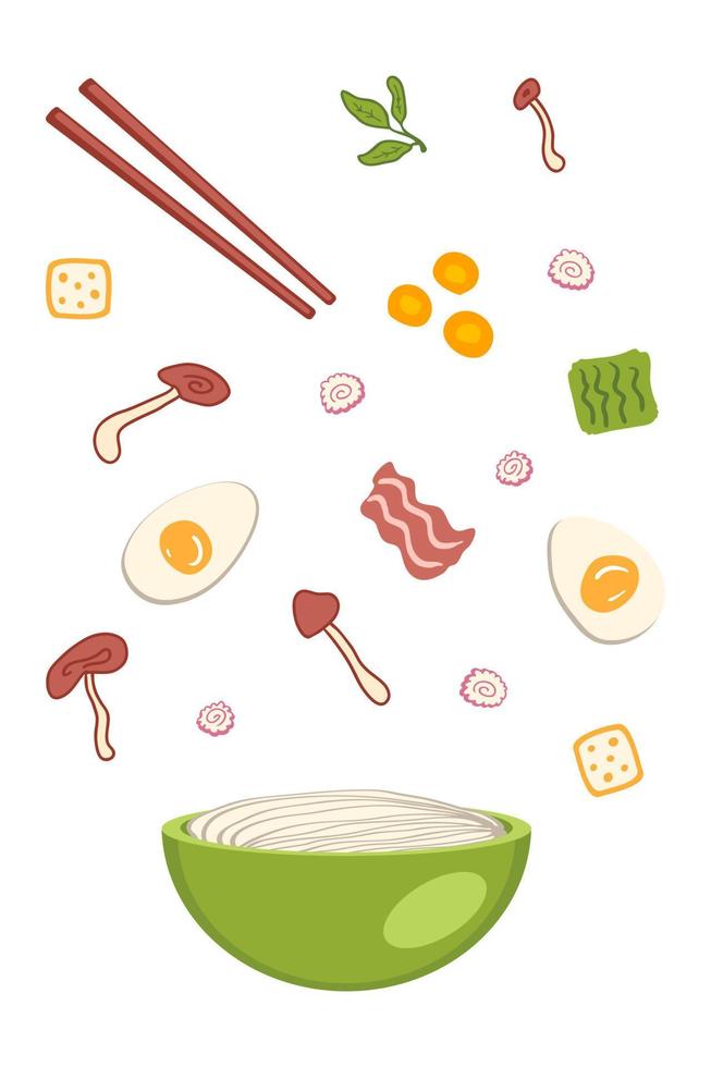 Shiitake asian ramen soup ingredients falling into a bowl of noodles. vector