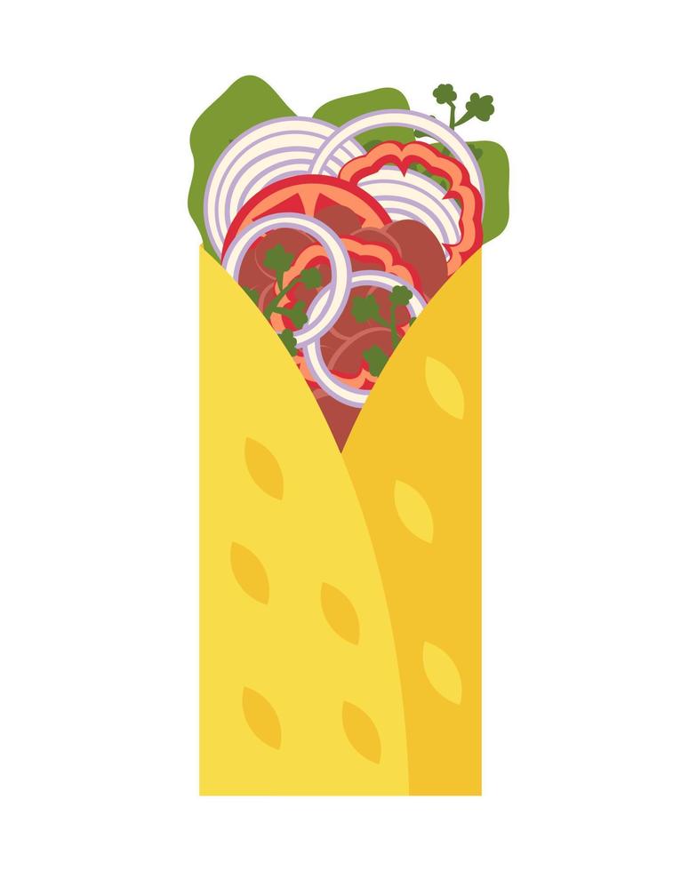 burrito de comida rápida mexicana de frijol vegano en estilo plano. vector