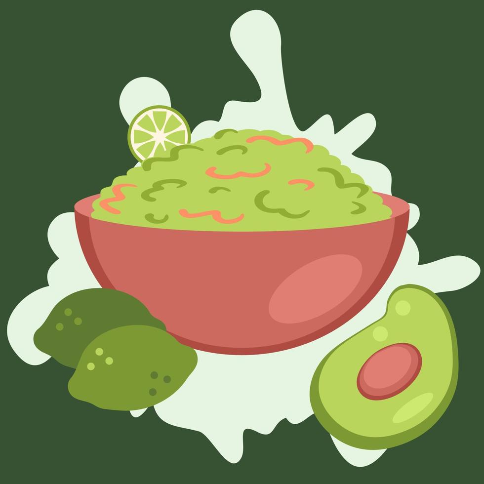 Flat style bowl with delicious guacamole mexican spicy sauce. vector