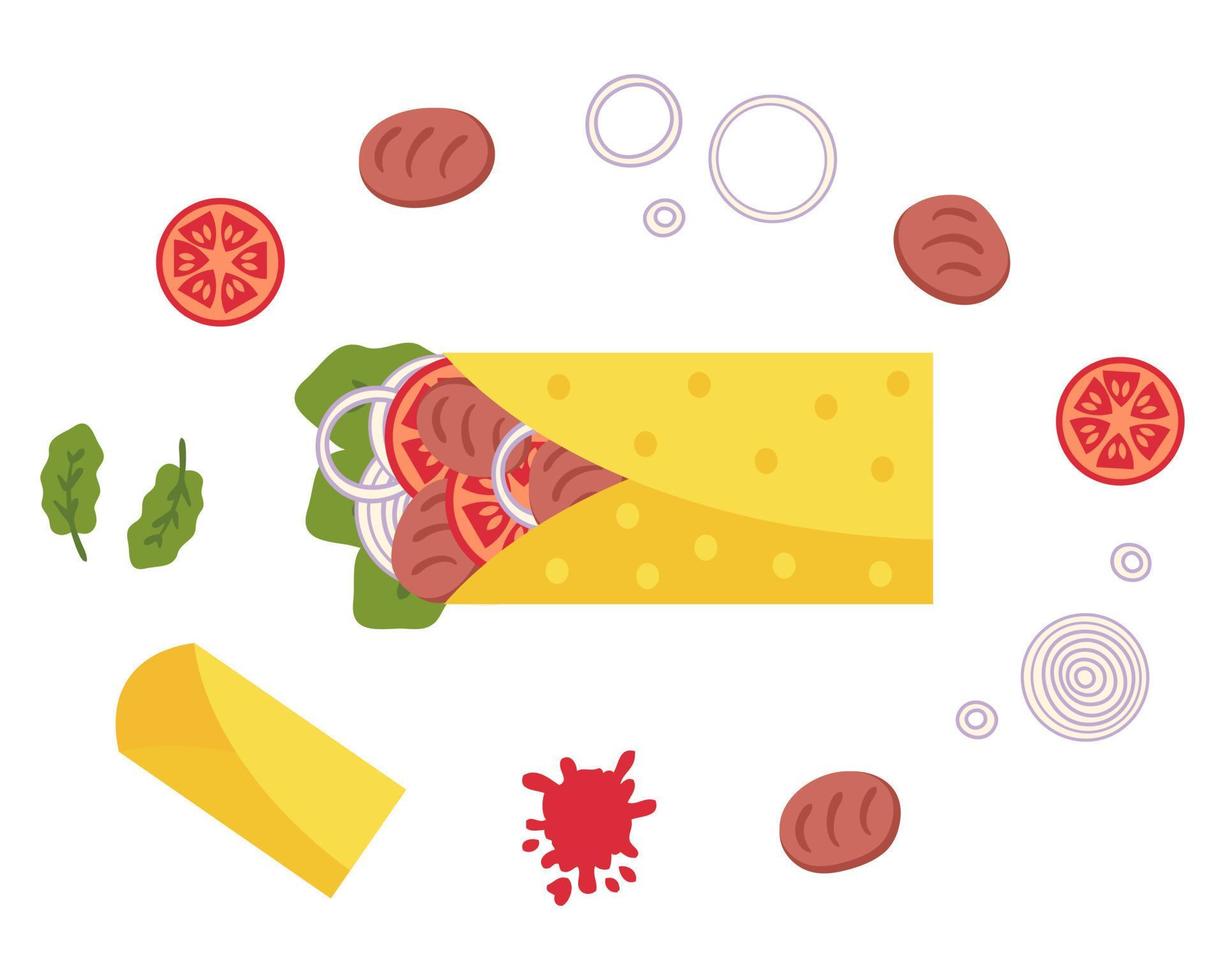 Ingredientes de la receta de burrito de comida rápida mexicana de carne asada. vector