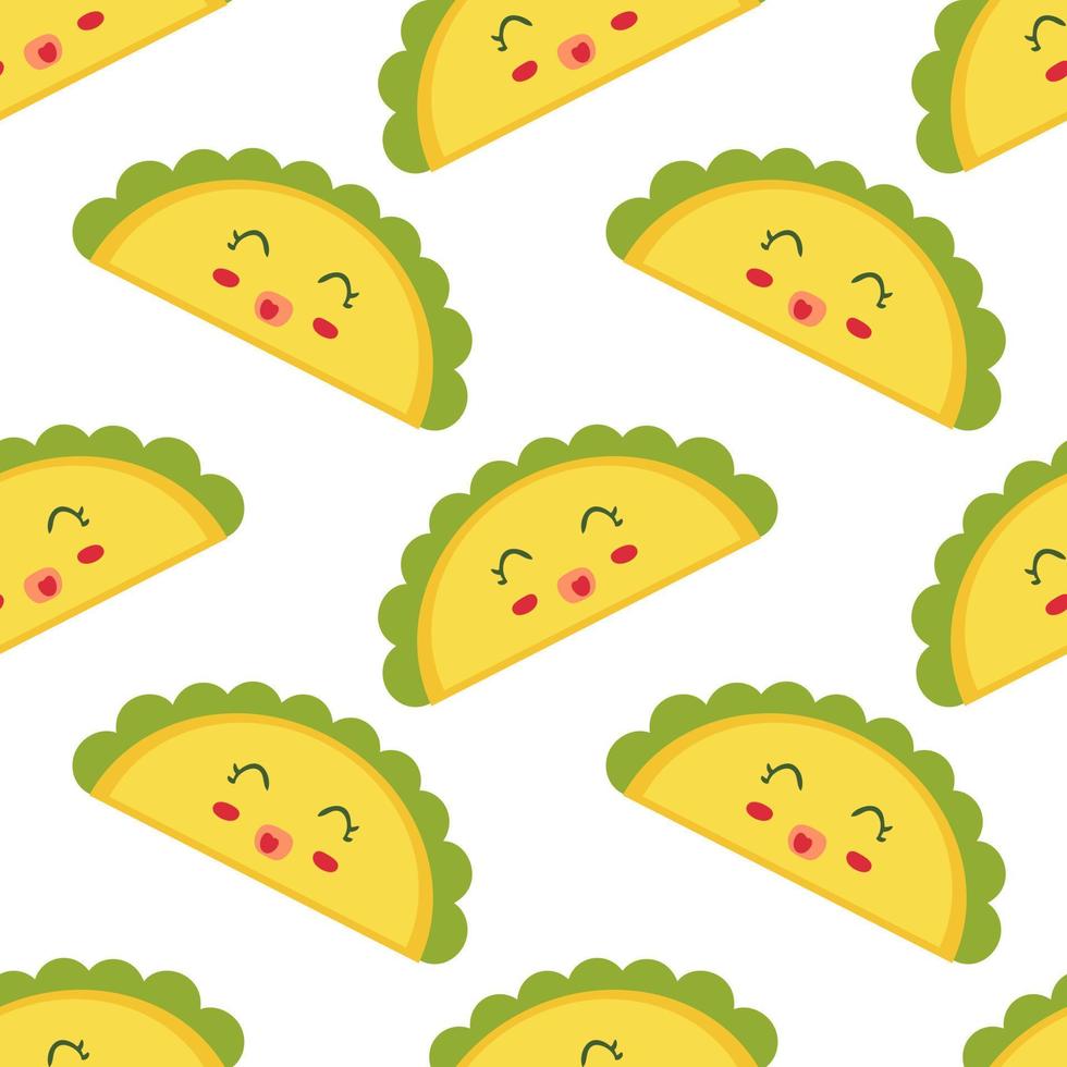 Mexican fastfood happy taco character seamless pattern. vector