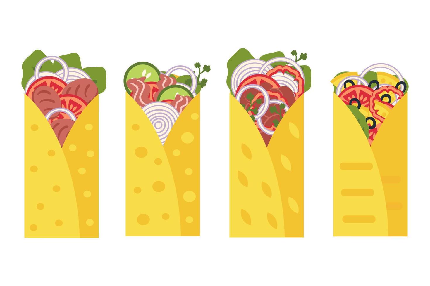 Hand drawn burritos collection in flat style. vector