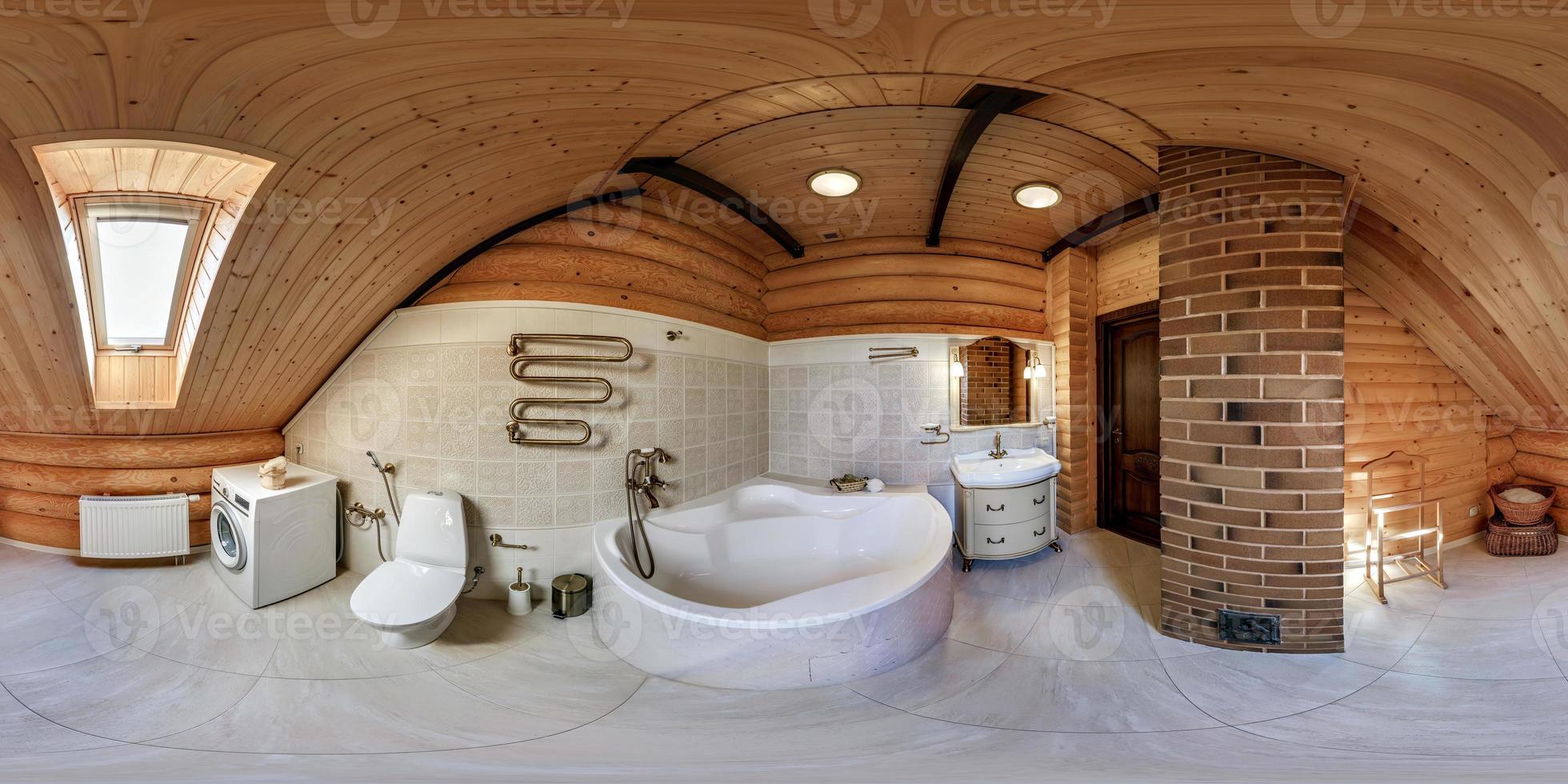 360 hdri panorama in interior of wooden bathroom in rustic style in mansard apartments with washbasin in equirectangular projection with zenith and nadir. VR AR content photo