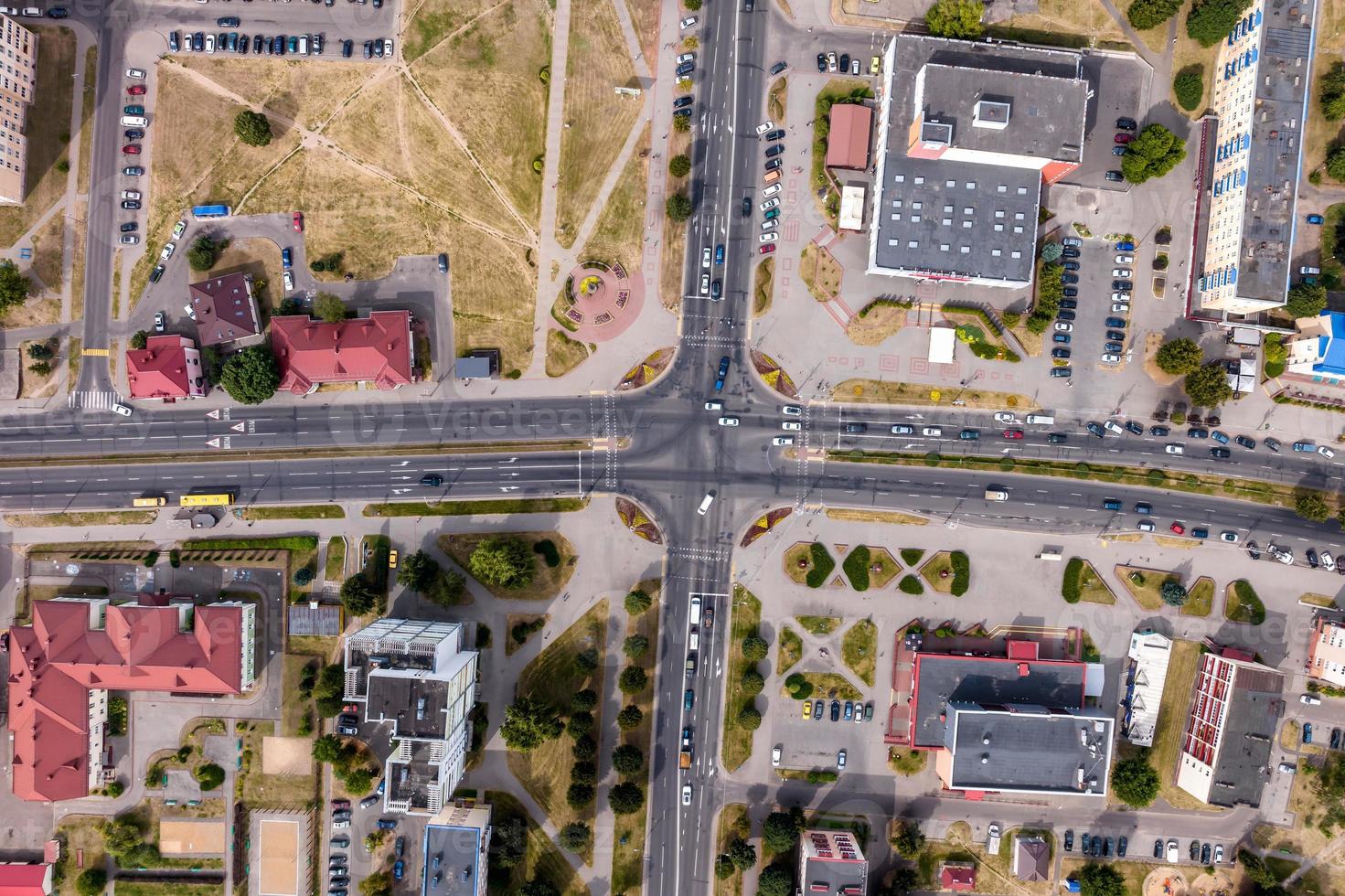 aerial view of road interchange or highway intersection. Junction network of transportation taken by drone. photo