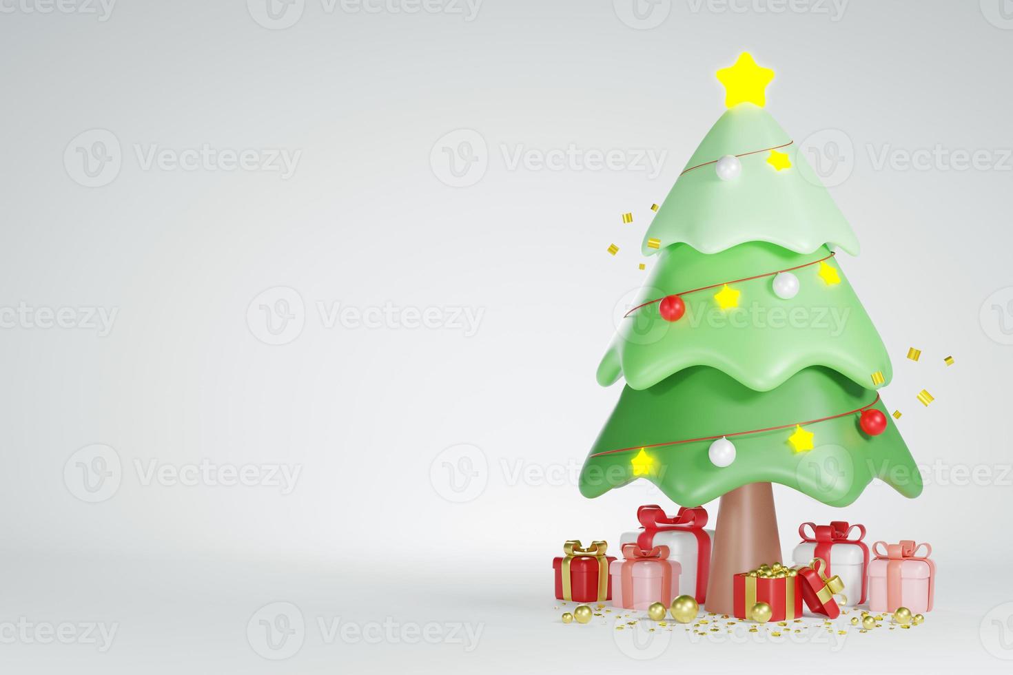 3d Illustration Merry Christmas and Happy New Year. Realistic Luxury Tree and Gifts Boxes. Holiday Banner, Web, Poster, Flyer, Stylish Brochure, Greeting card photo