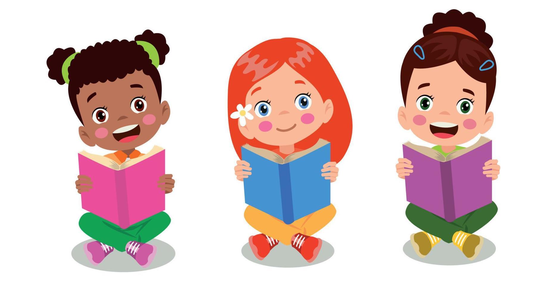 poner iconos de niños pequeños leyendo un libro vector