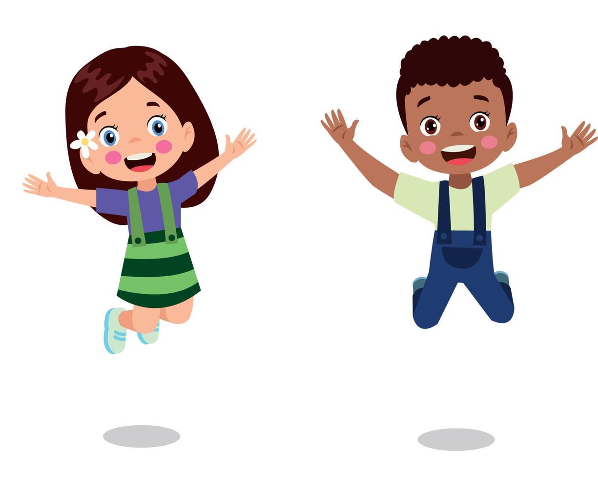 Jumping kids. Happy funny children playing and jumping in different action poses education little team vector characters. Illustration of kids and children fun and smile