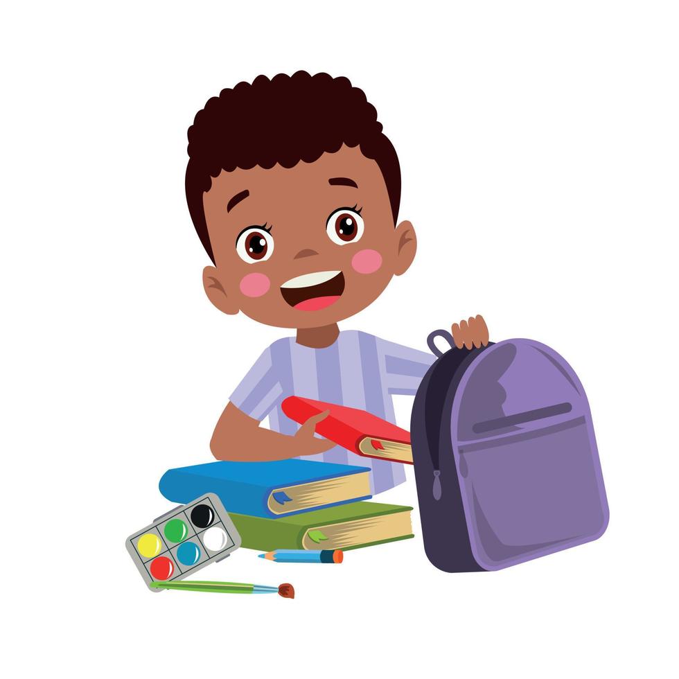 niño lindo feliz preparar la bolsa para la escuela vector