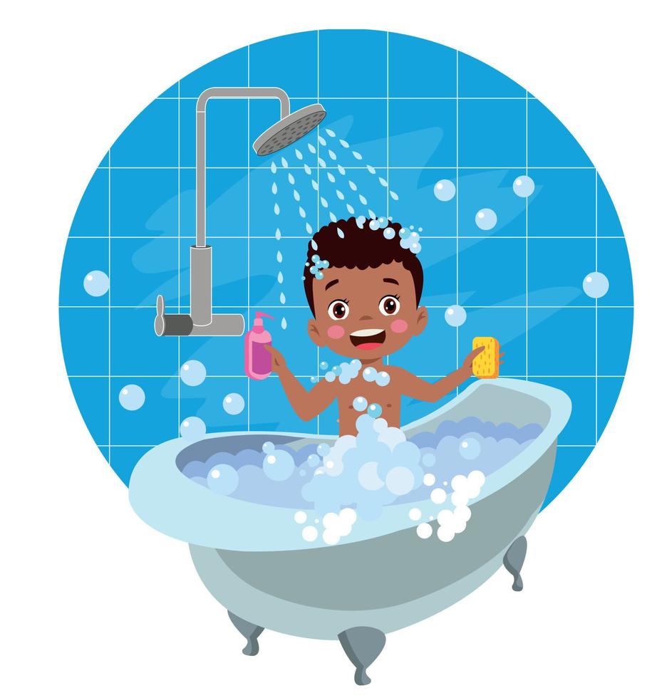 little kid take a shower and wash body vector