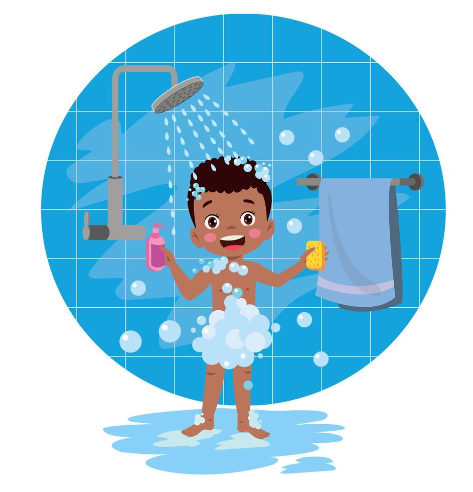 little kid take a shower and wash body 15632428 Vector Art at Vecteezy