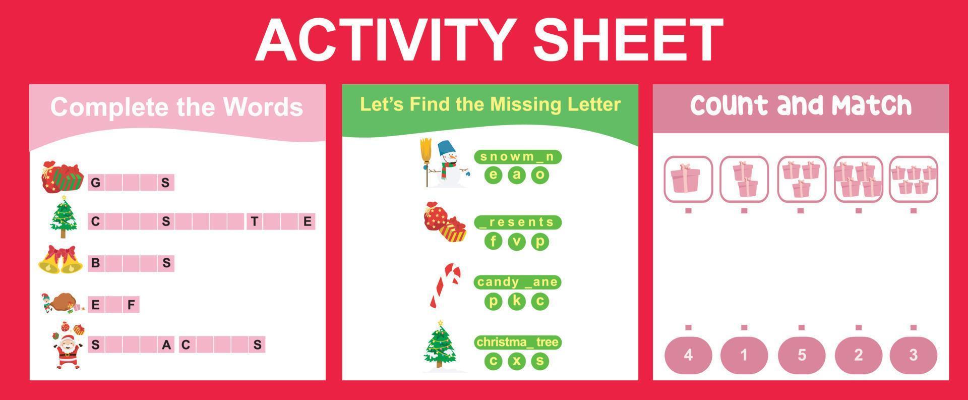 3 in 1 Activity Sheet for children. Educational printable worksheet for preschool. Complete the words, missing letter, count and match activity. Vector illustrations.