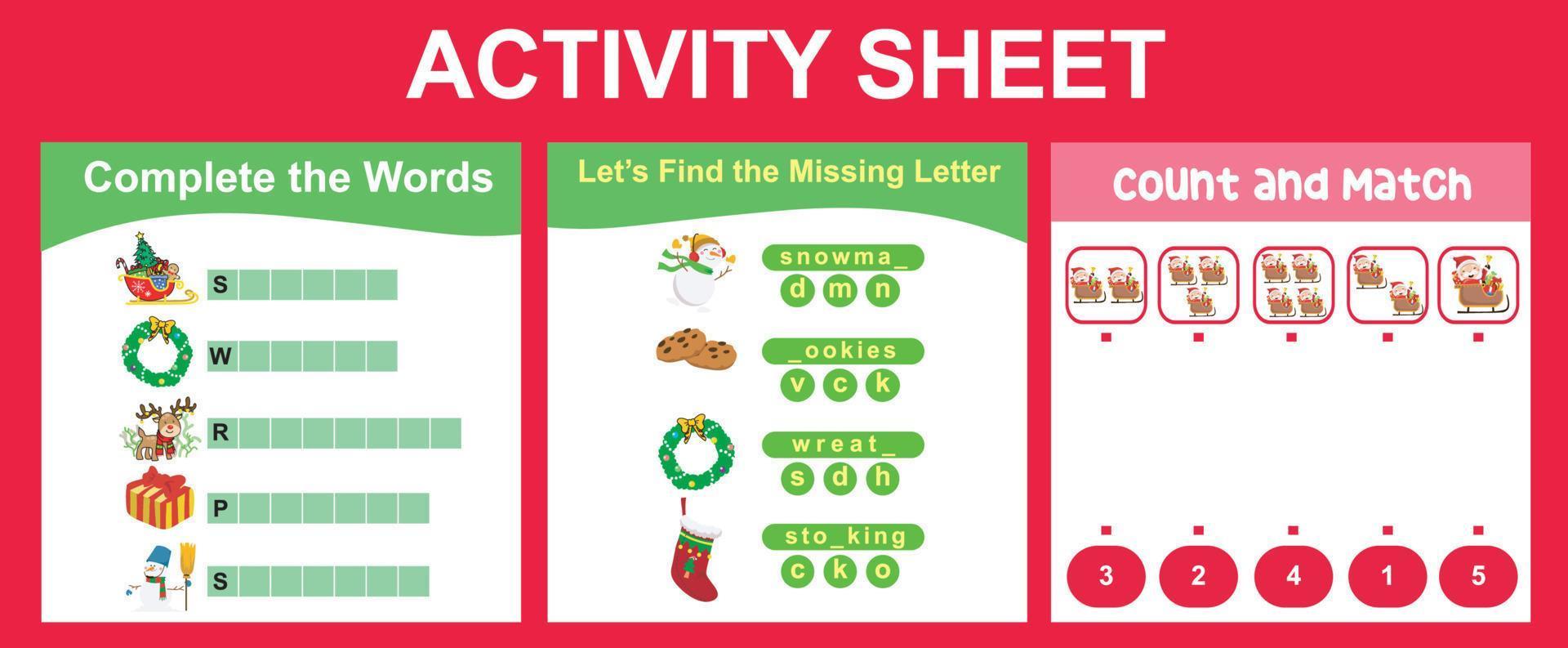 3 in 1 Activity Sheet for children. Educational printable worksheet for preschool. Complete the words, missing letter, count and match activity. Vector illustrations.