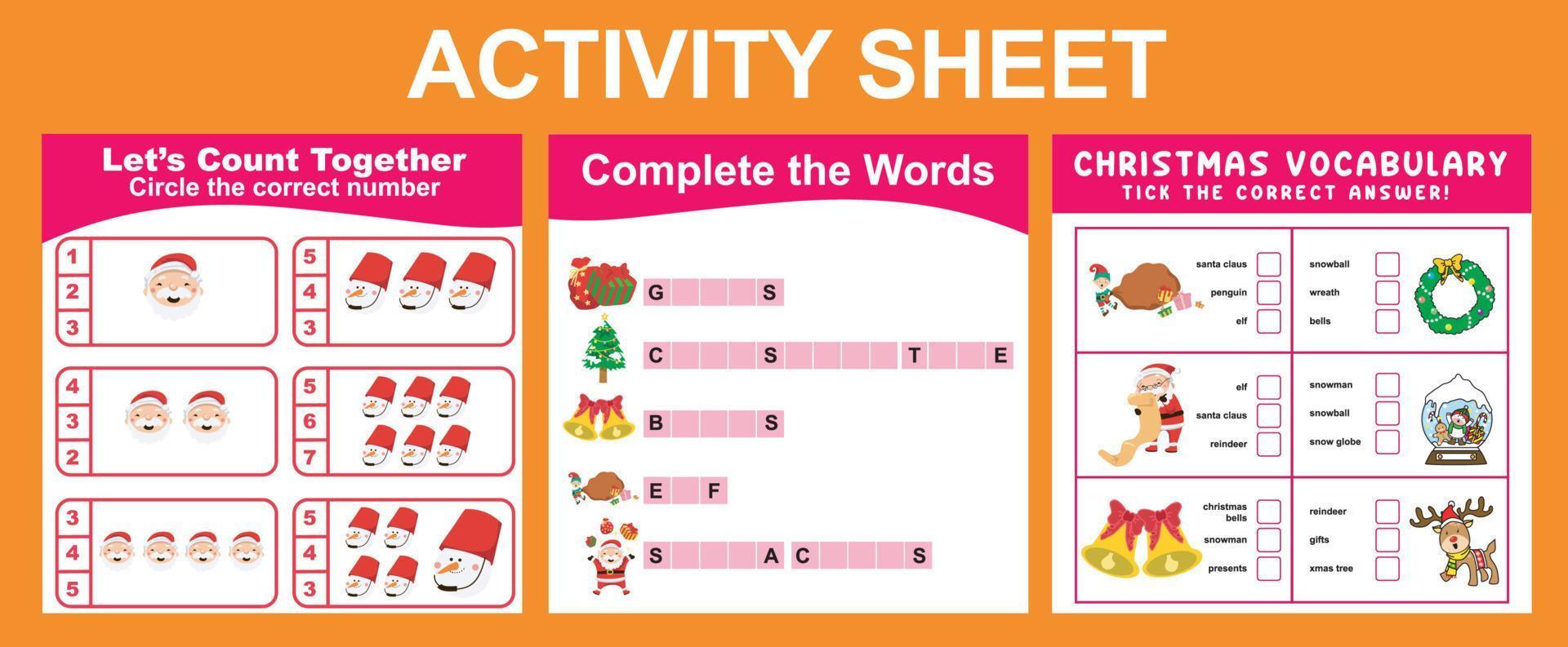3 in 1 Activity Sheet for children. vector