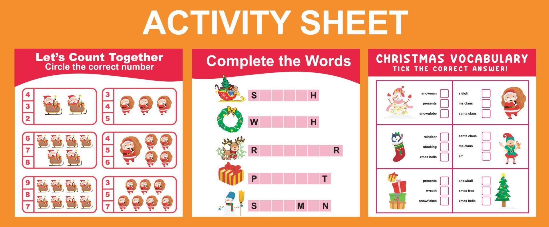 3 in 1 Activity Sheet for children. vector