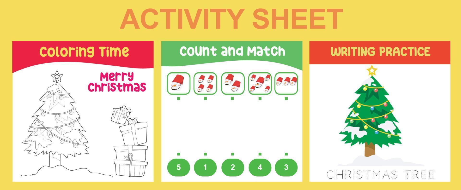 3 in 1 Activity Sheet for children. Educational printable worksheet for preschool. Coloring, count and match, and writing activity. Vector illustrations.