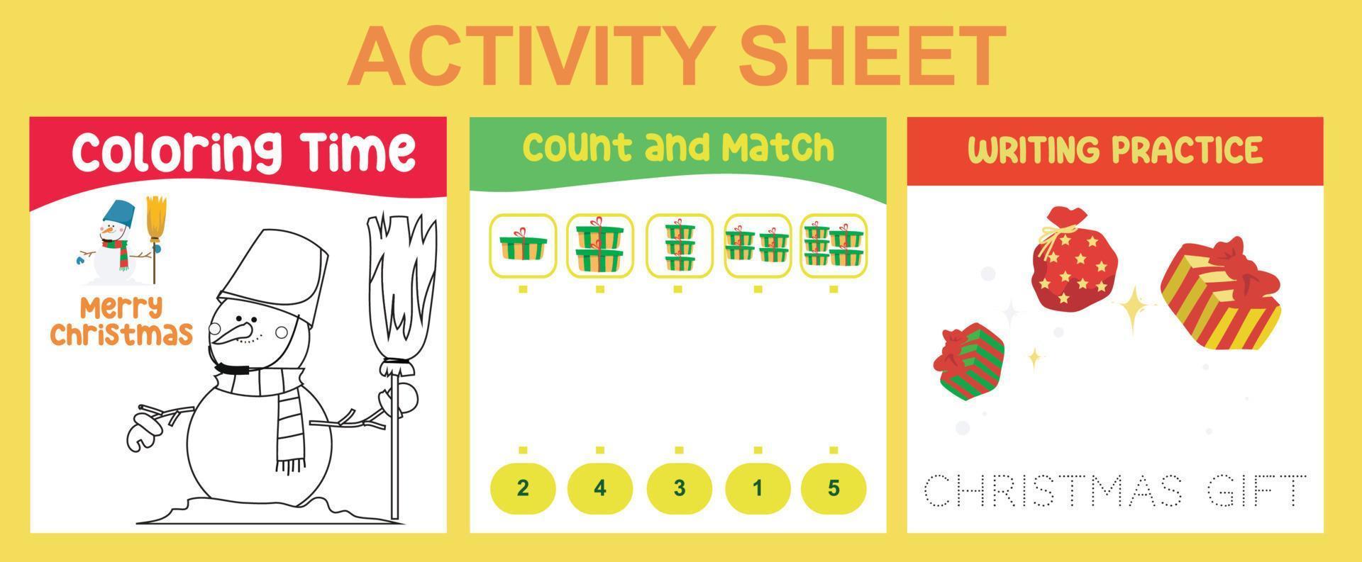 3 in 1 Activity Sheet for children. Educational printable worksheet for preschool. Coloring, count and match, and writing activity. Vector illustrations.