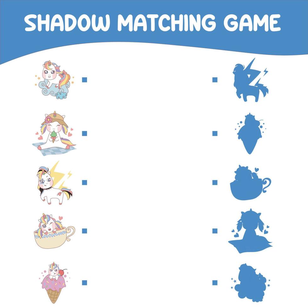 Shadow matching game worksheet. Educational printable worksheet for children with unicorn theme. Matching the images with the shadow worksheet. Vector file.