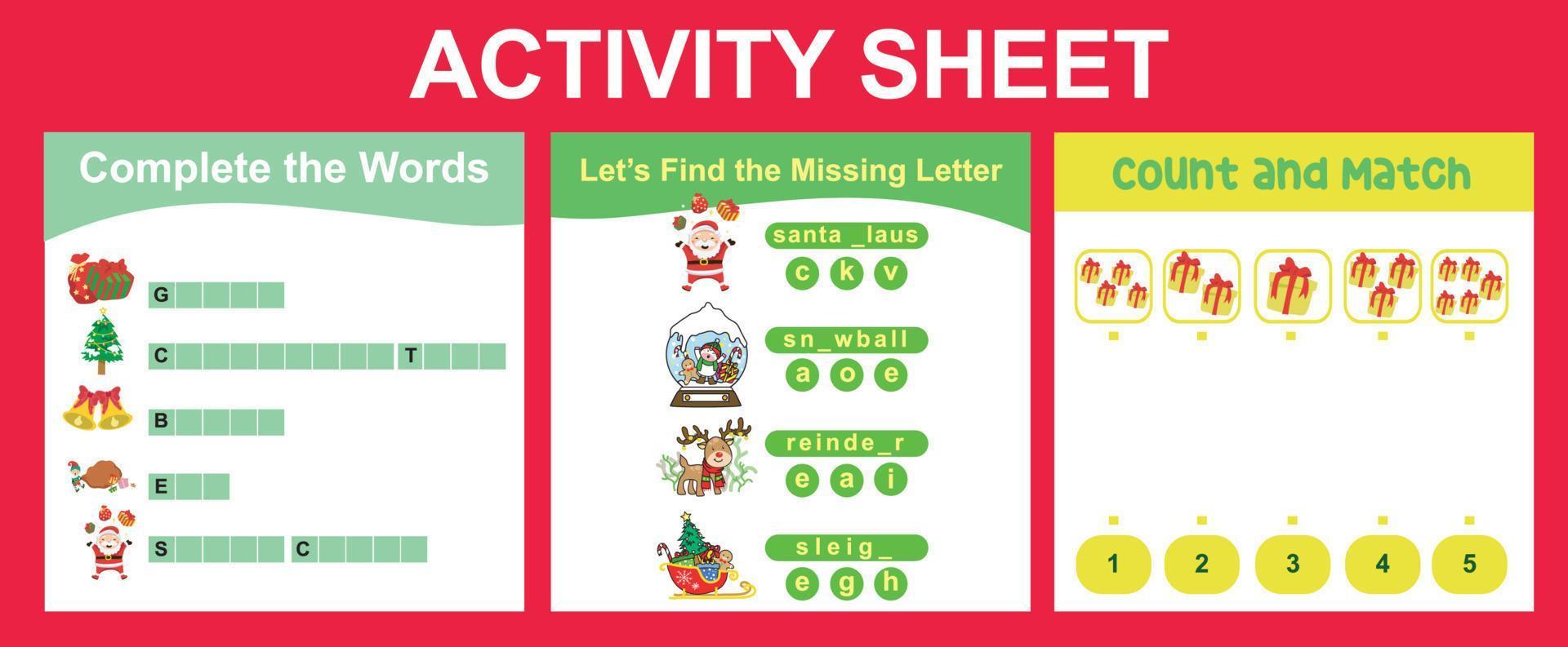 3 in 1 Activity Sheet for children. Educational printable worksheet for preschool. Complete the words, missing letter, count and match activity. Vector illustrations.