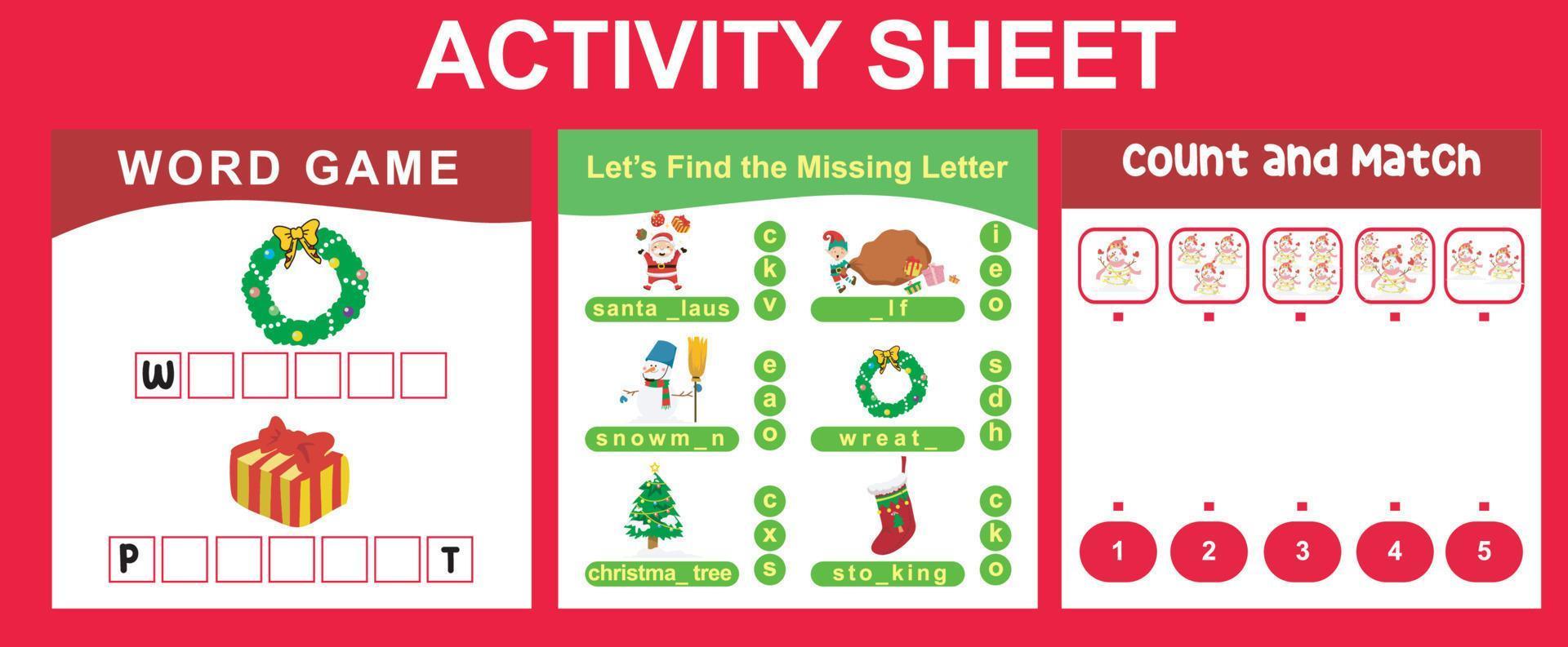 3 in 1 Activity Sheet for children. Educational printable worksheet for preschool. Complete the words, missing letter, count and match activity. Vector illustrations.