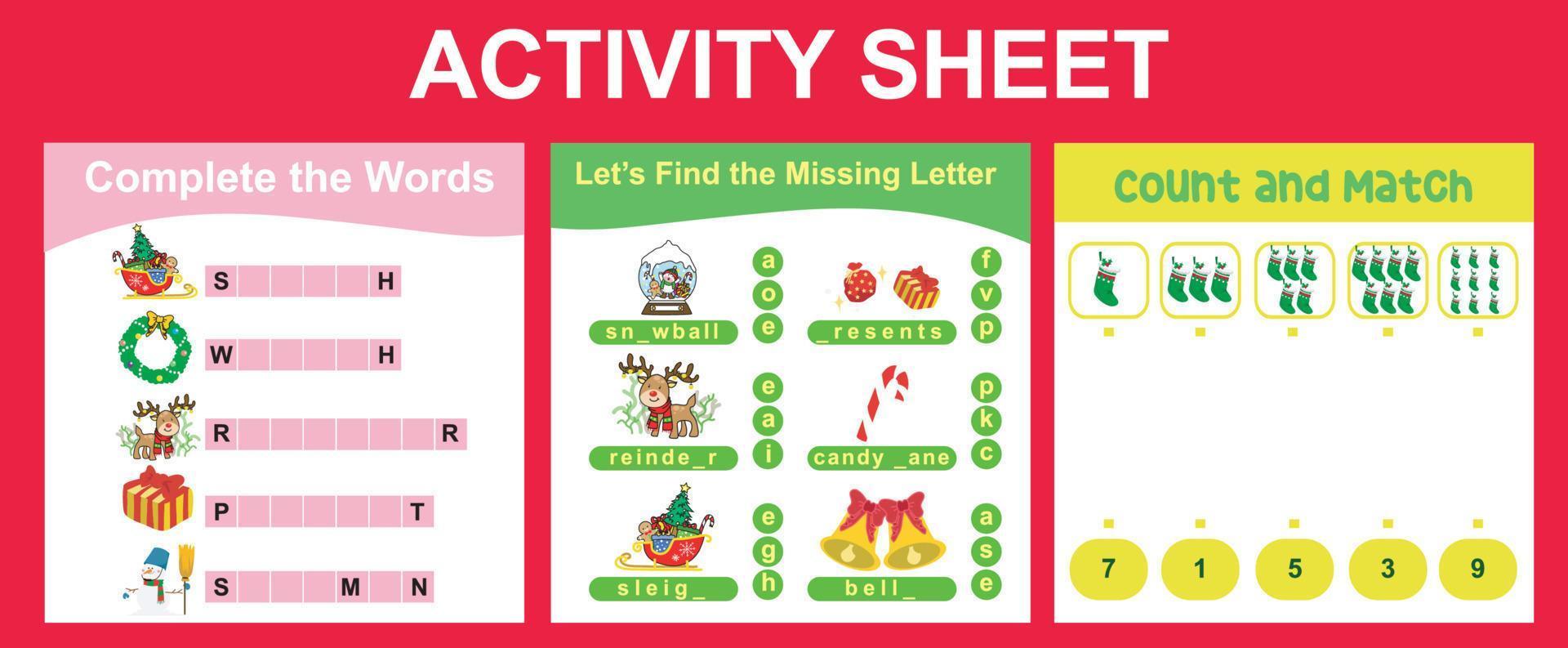 3 in 1 Activity Sheet for children. Educational printable worksheet for preschool. Complete the words, missing letter, count and match activity. Vector illustrations.