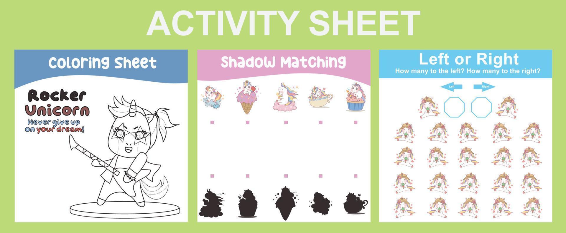 3 in 1 Activity Sheet for children. Educational printable worksheet for preschool. Coloring, shadow matching, left or right activity. Vector illustrations.