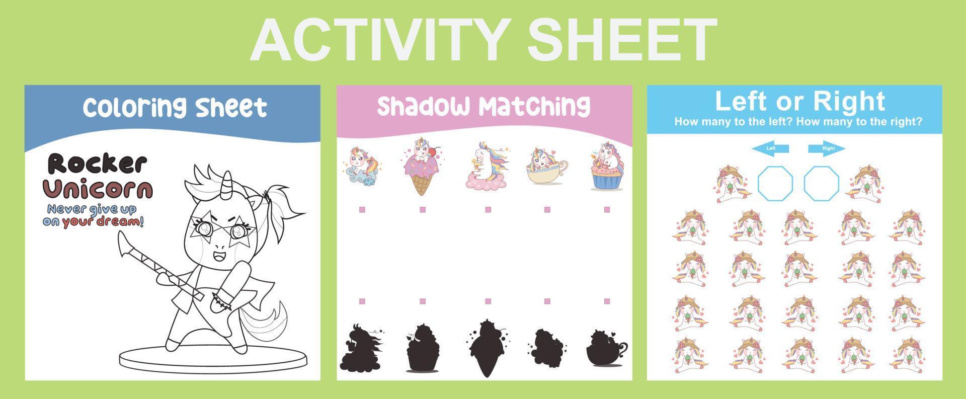 3 in 1 Activity Sheet for children. Educational printable worksheet for preschool. Coloring, shadow matching, left or right activity. Vector illustrations.