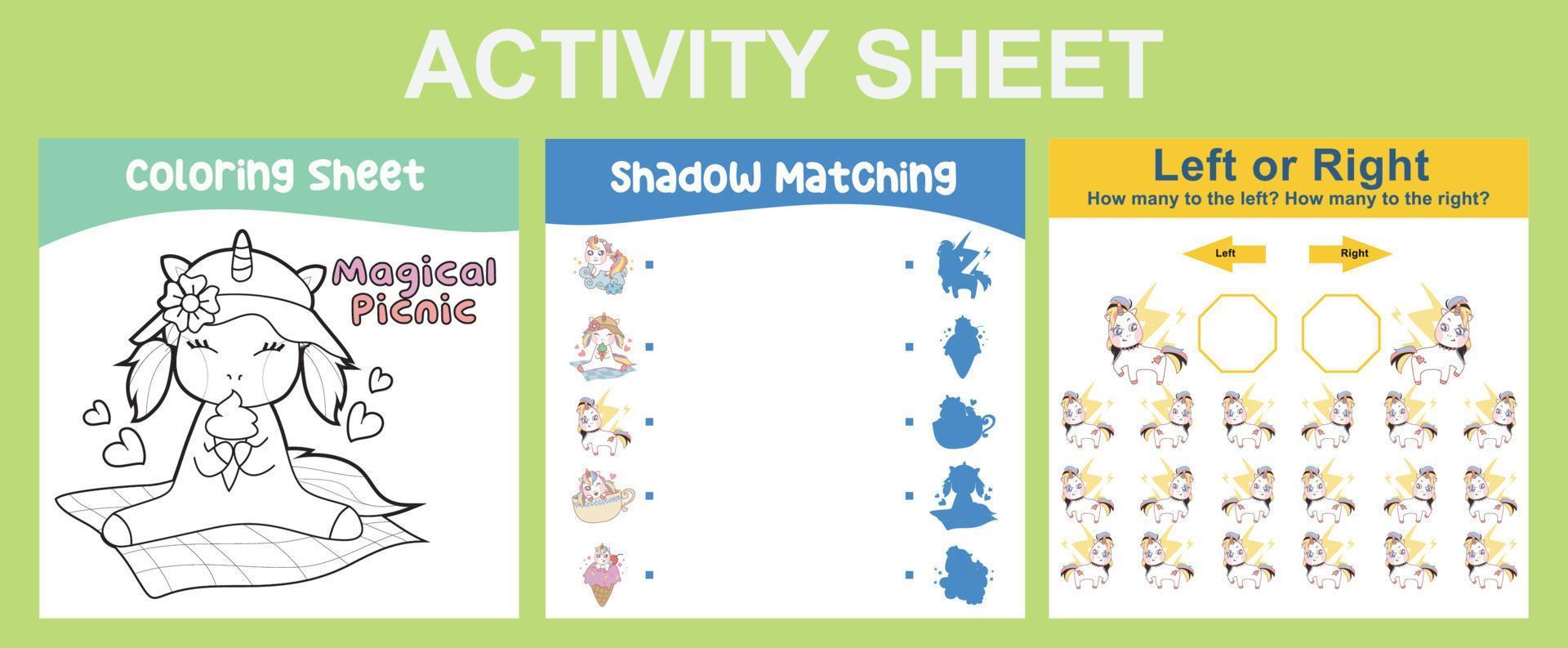 3 in 1 Activity Sheet for children. Educational printable worksheet for preschool. Coloring, shadow matching, left or right activity. Vector illustrations.