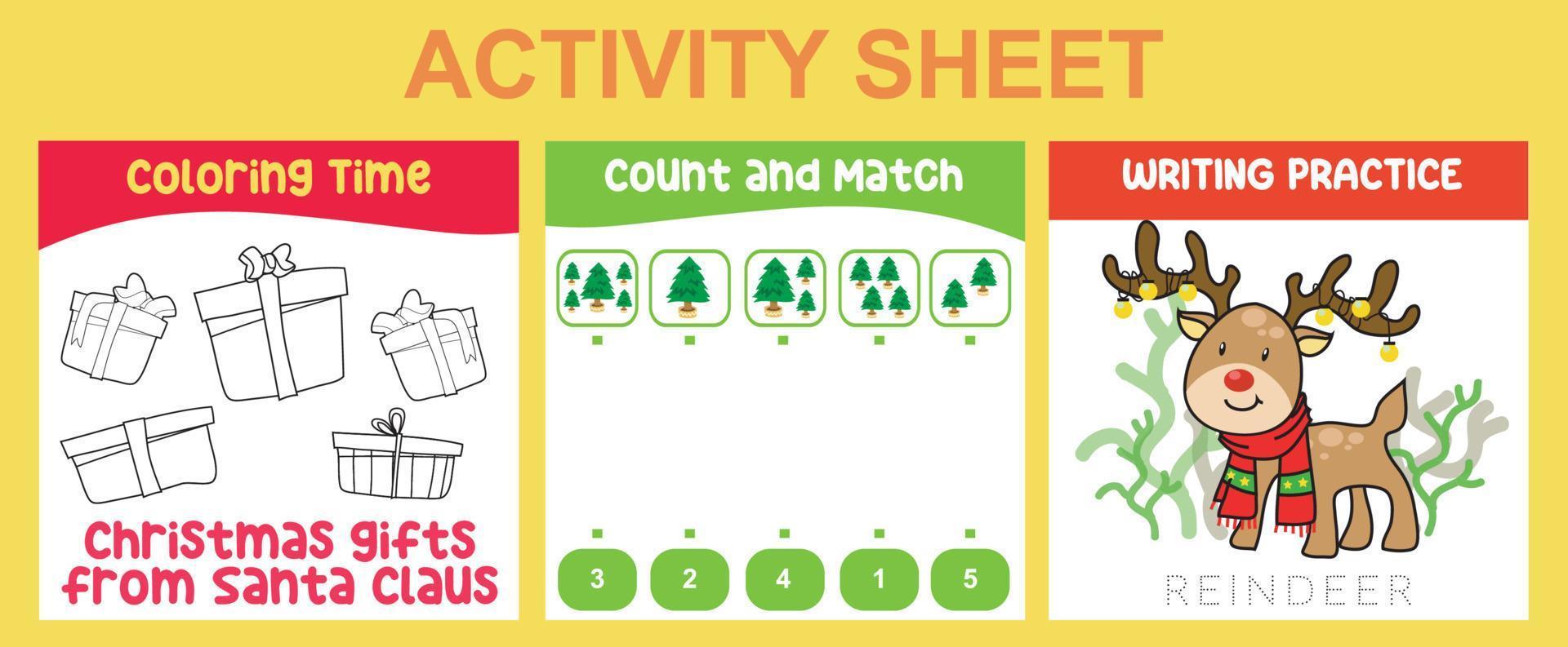 3 in 1 Activity Sheet for children. Educational printable worksheet for preschool. Coloring, count and match, and writing activity. Vector illustrations.